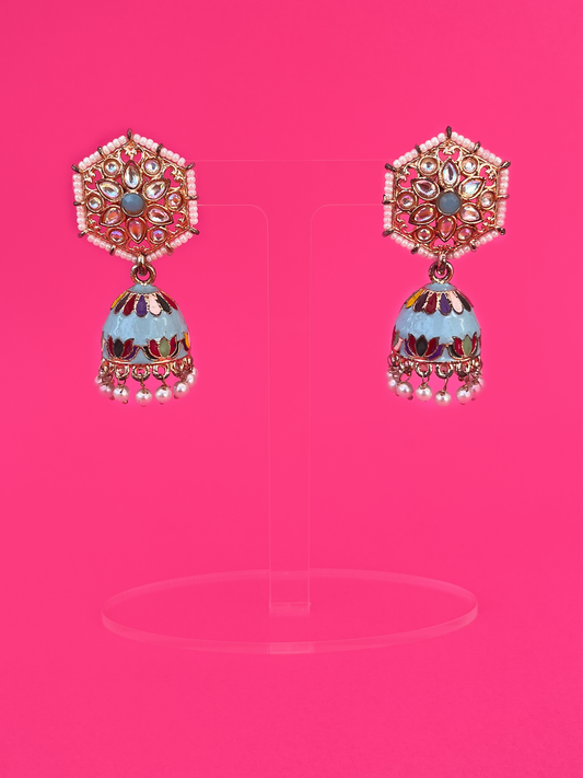 Baby Blue Hand-Painted Gold-Plated Kundan Jhoomka