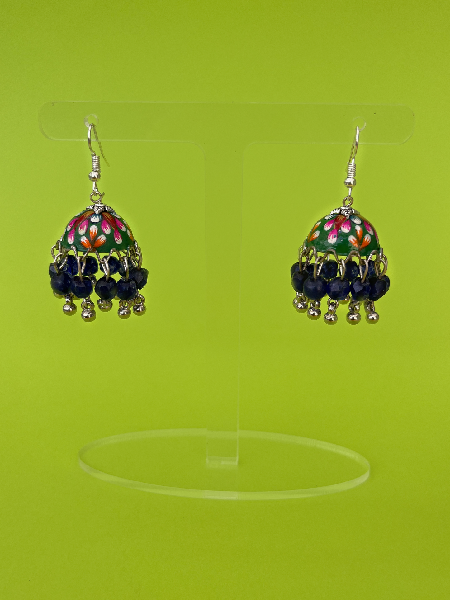 Mini Green and Orange Hand-Painted Silver-Plated Jhoomka with Hook (Blue Beads)