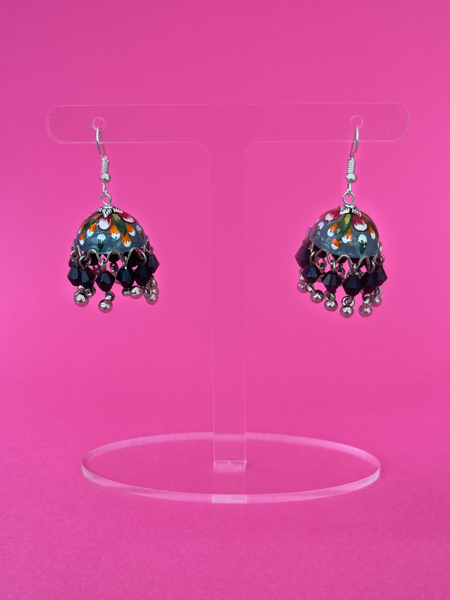 Mini Grey and Orange Hand-Painted Silver-Plated Jhoomka with Hook (Black Beads)