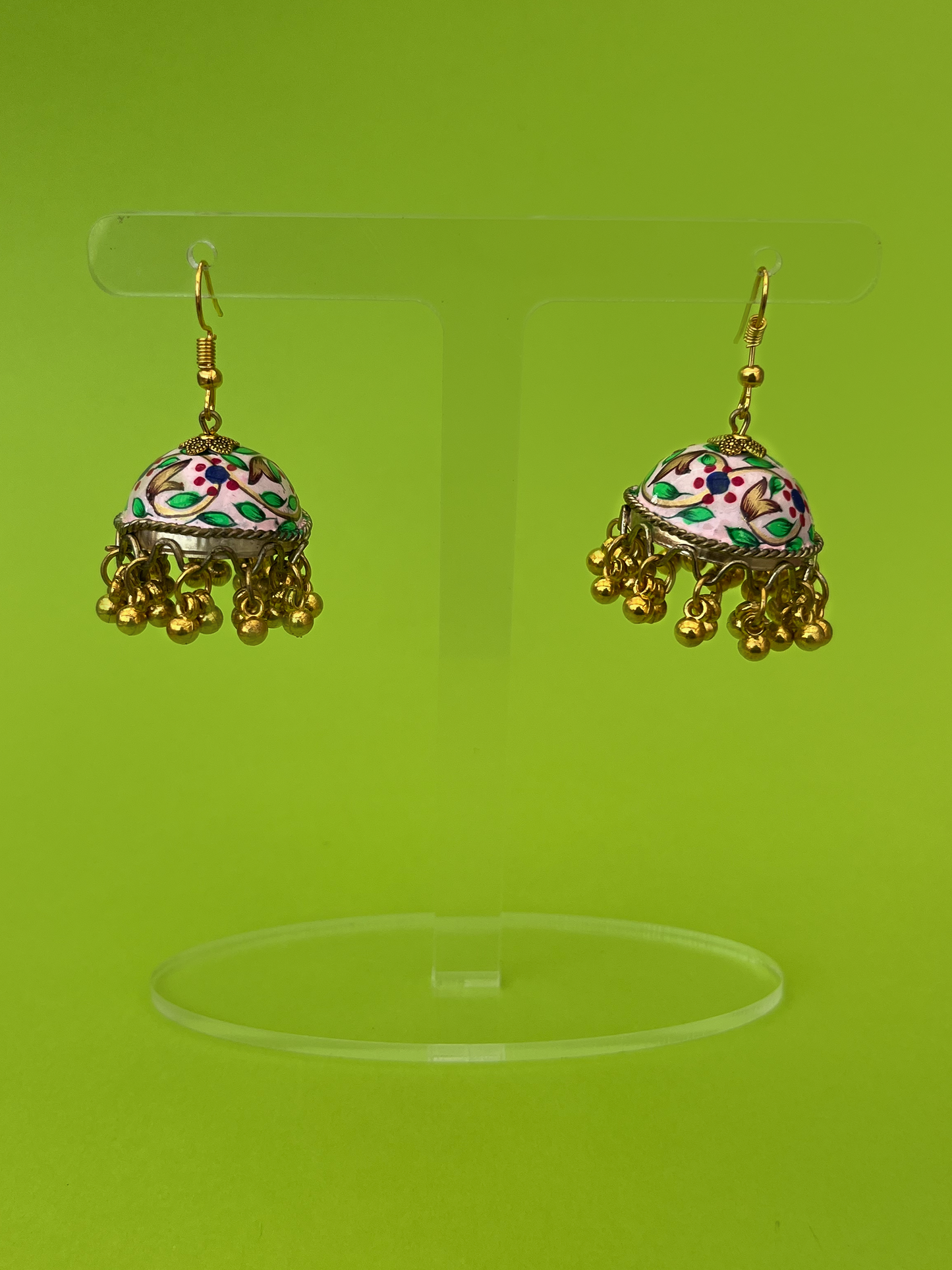 Light Pink and Green Hand-Painted Gold-Plated Jhoomka with Hook
