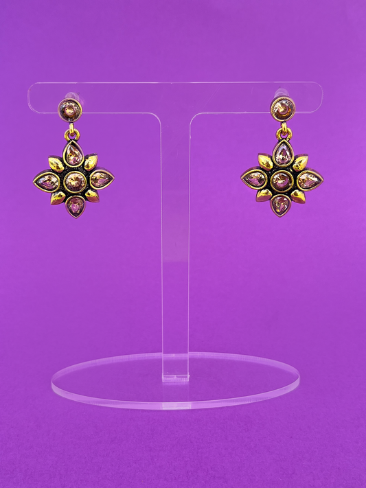 Flower-Shaped Gold-Plated Earring with Peach-Coloured Stones