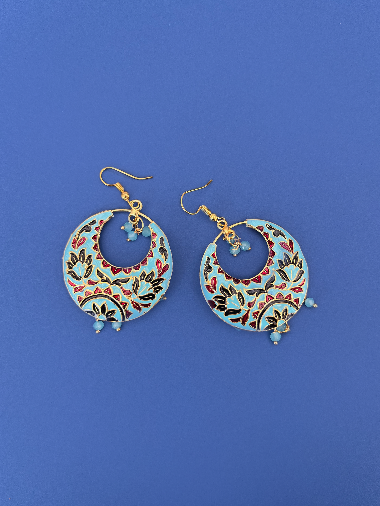 Sky Blue, Black and Red Crescent-Shaped Jhoomka with Hook