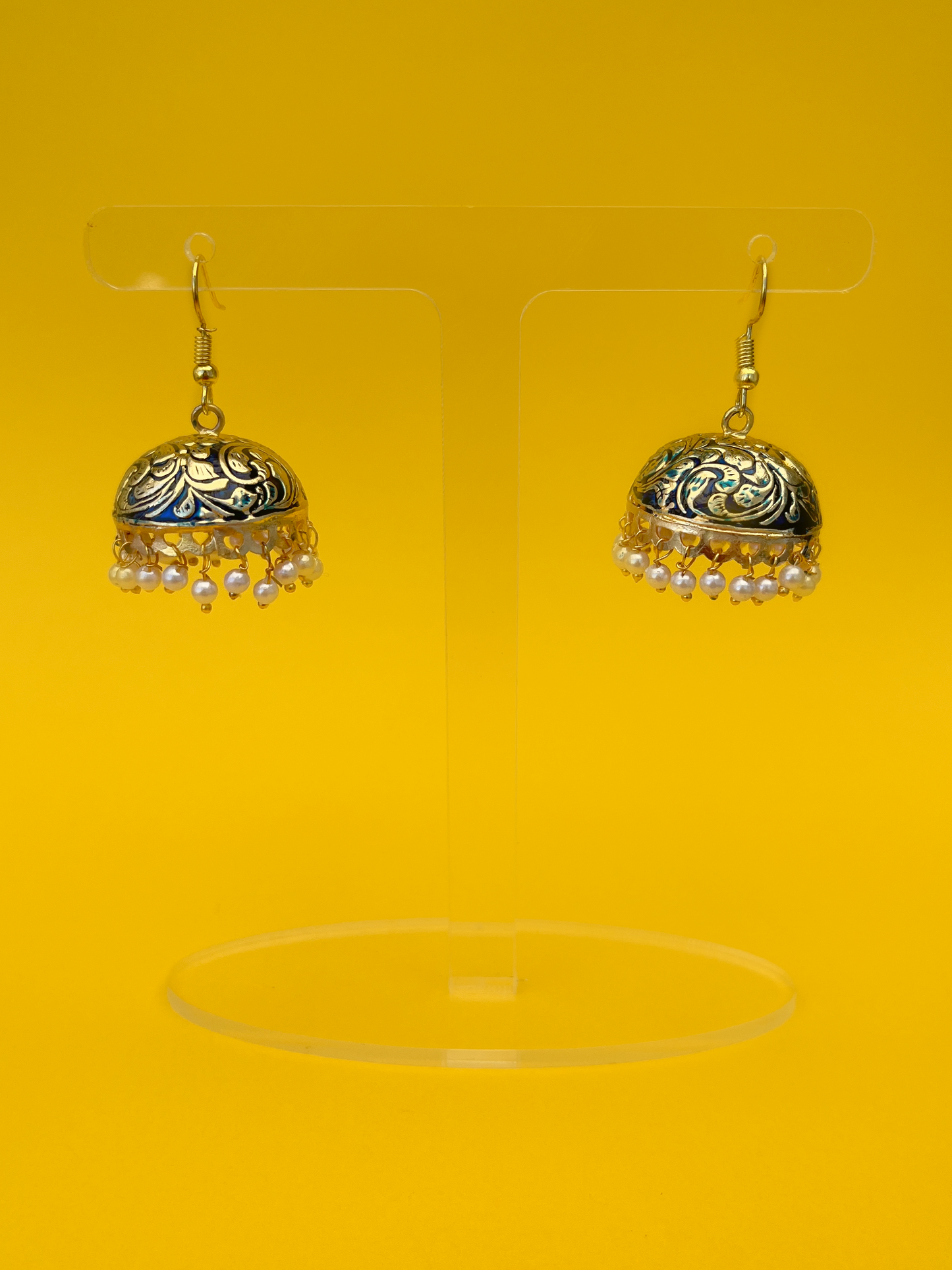 Blue-Painted Gold-Plated Meenakari Jhoomka with White Beads and Hook