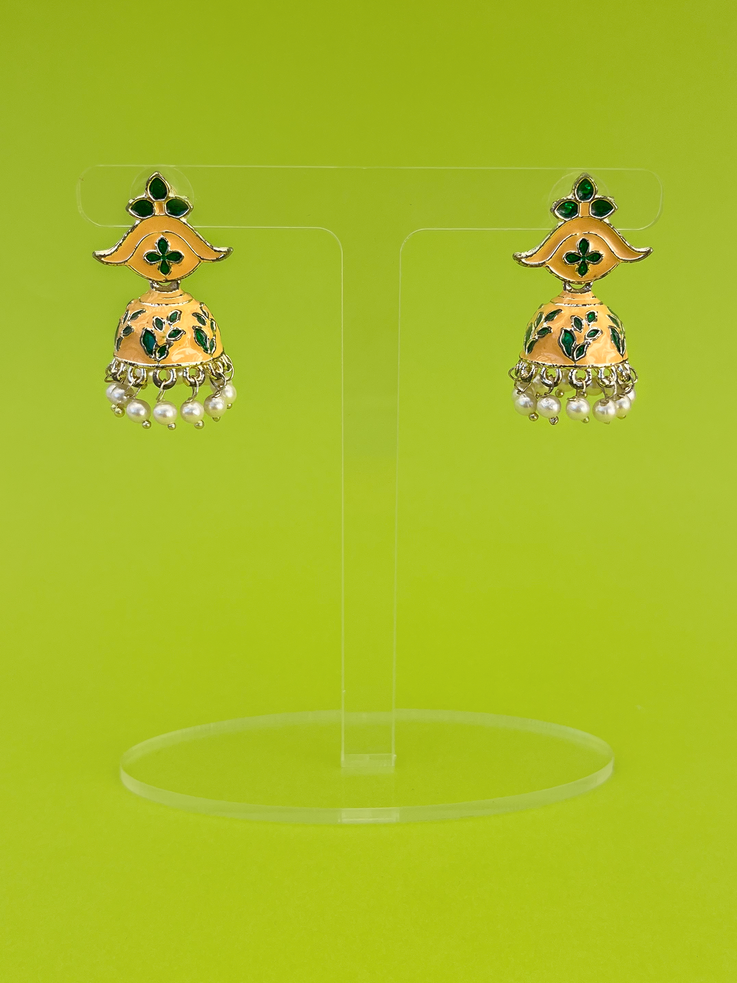 Gold-Plated Peach and Green Hand-Painted Jhoomka with Stem