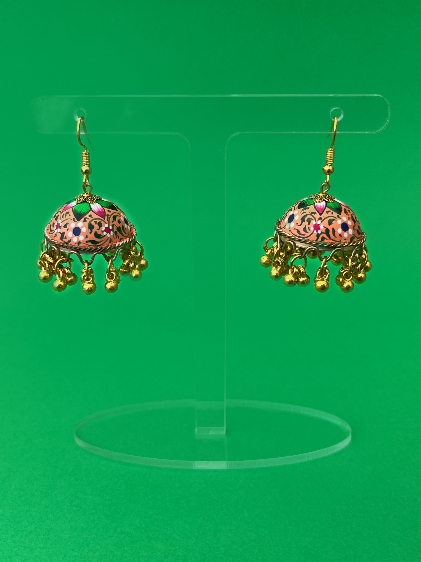 Light Orange Hand-Painted Gold-Plated Jhoomka with Flower Design and Hook