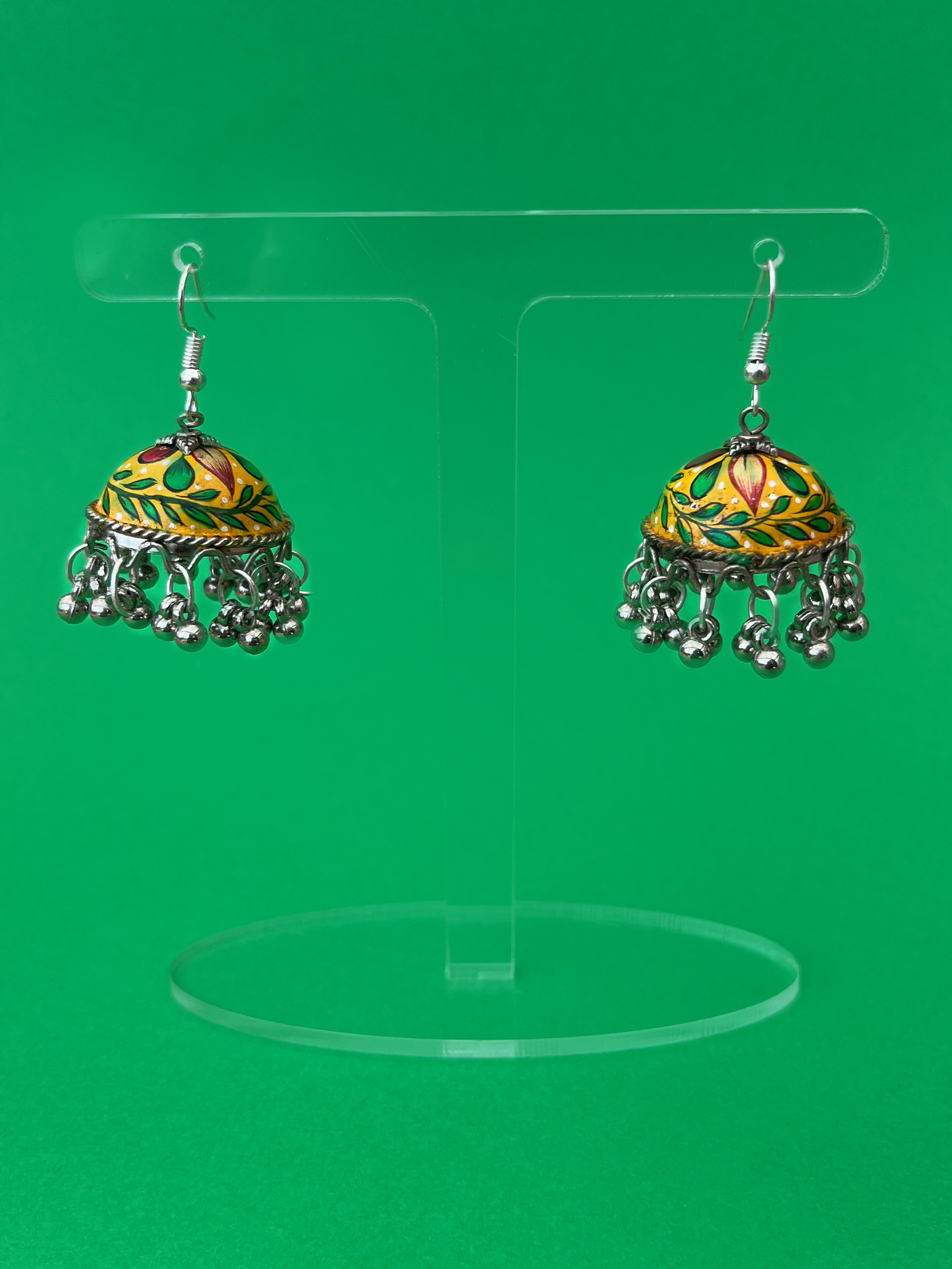 Mustard Yellow and Green Hand-Painted Silver-Plated Jhoomka with Hook