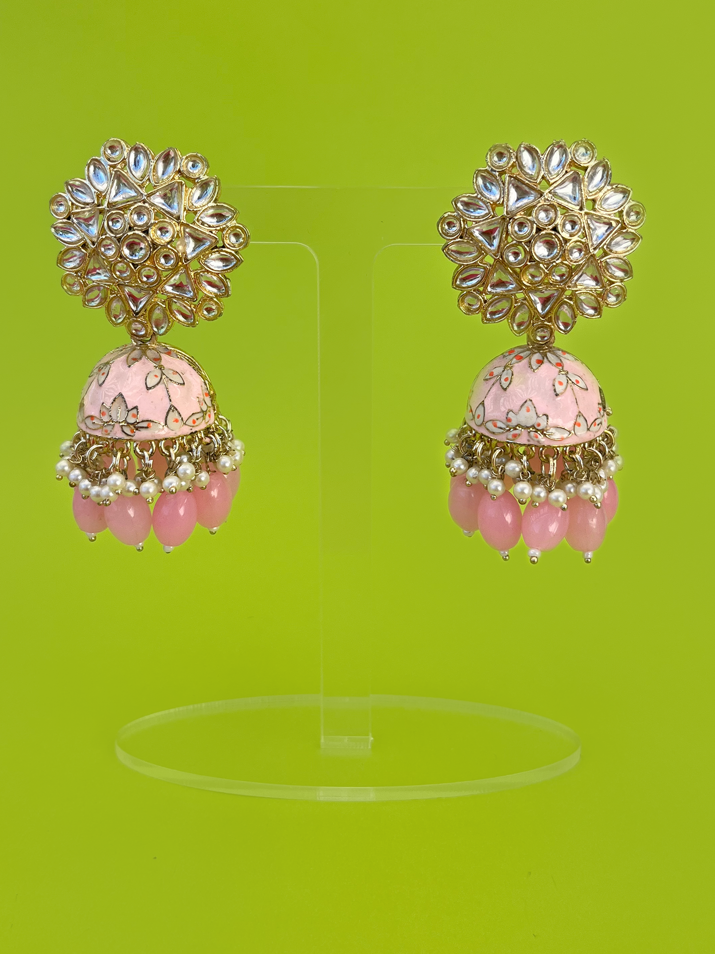 Baby Pink Hand-Painted Gold-Plated Kundan Jhoomka