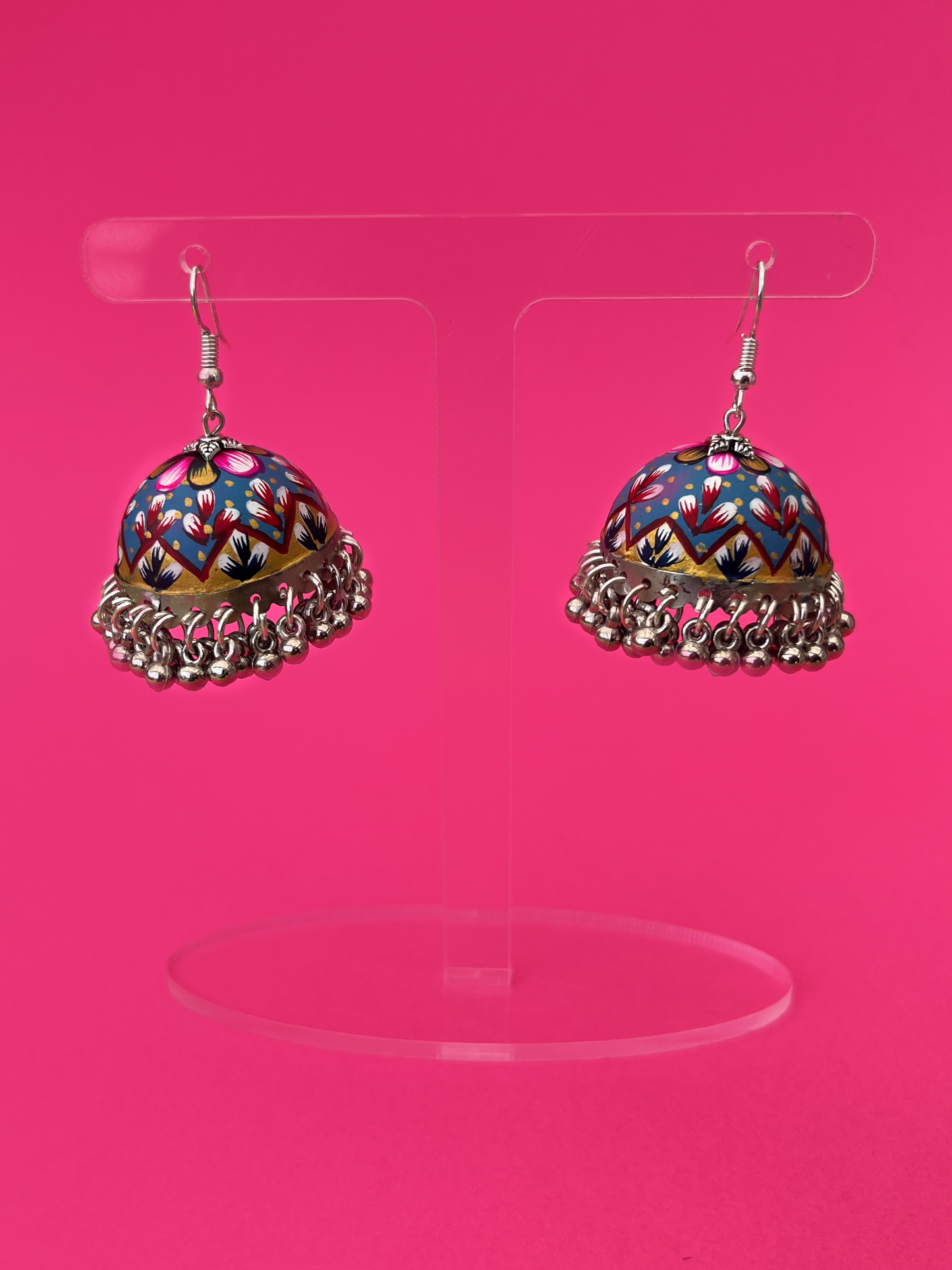 Blue and Multi-Coloured Hand-Painted Silver-Plated Jhoomka with Hook