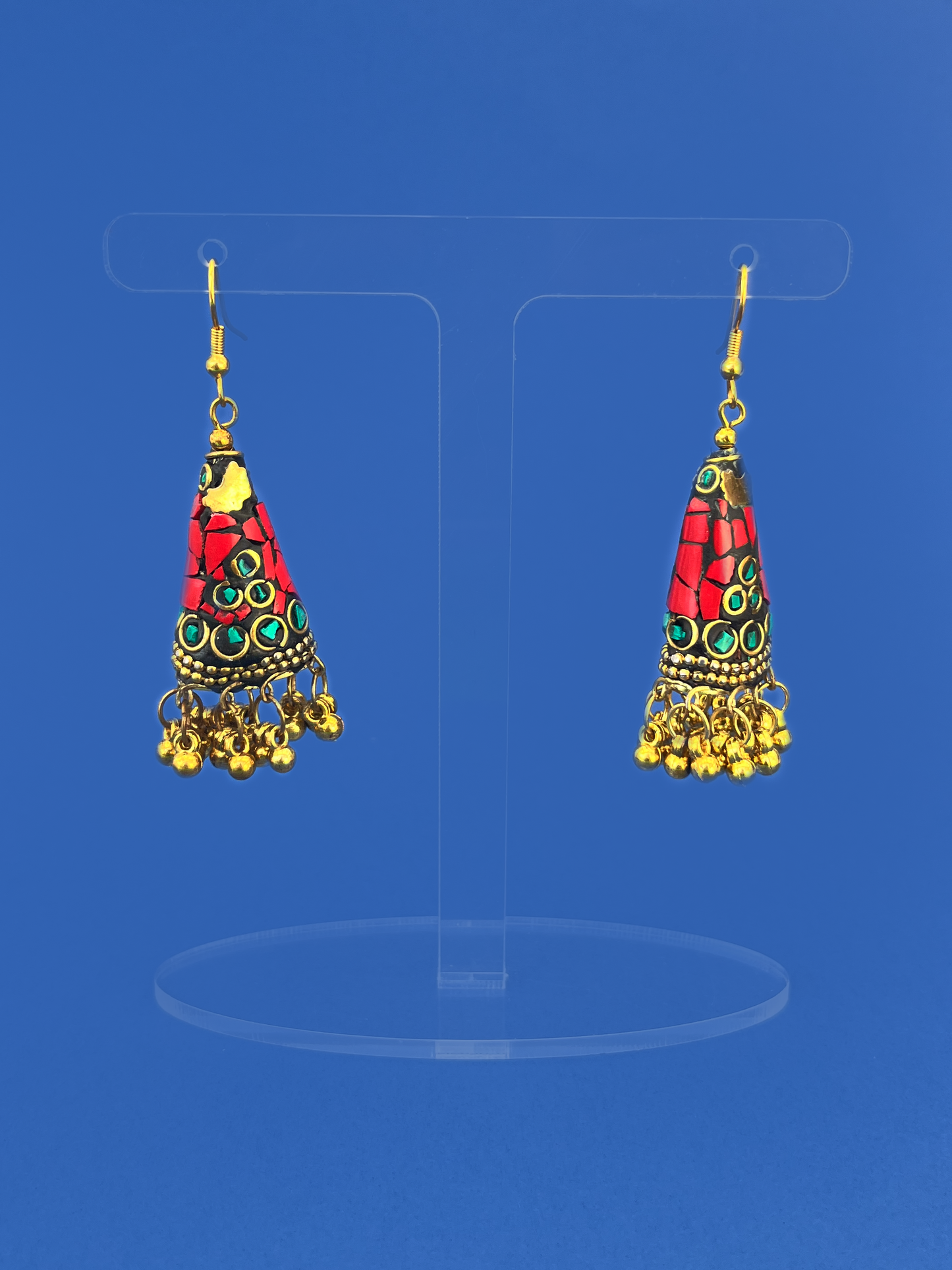 Coral Stone Gold-Plated Meenakari Jhoomka with Gold Beads