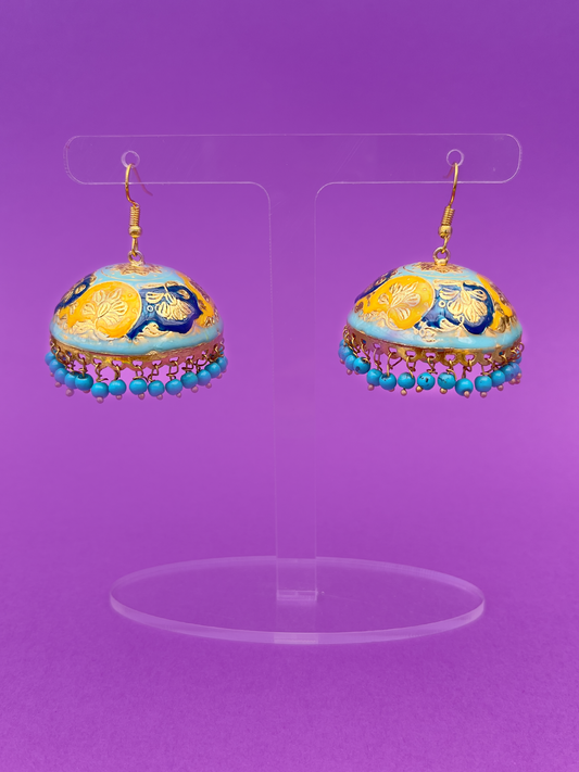 Blue and Yellow Painted Gold-Plated Meenakari Jhoomka with Blue Beads and Hook