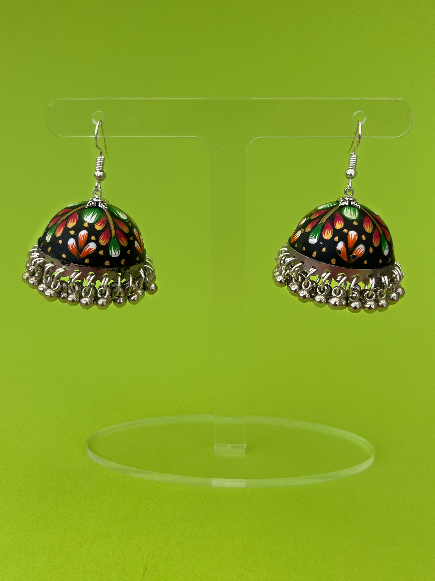 Black and Multi-Coloured Hand-Painted Silver-Plated Jhoomka with Hook