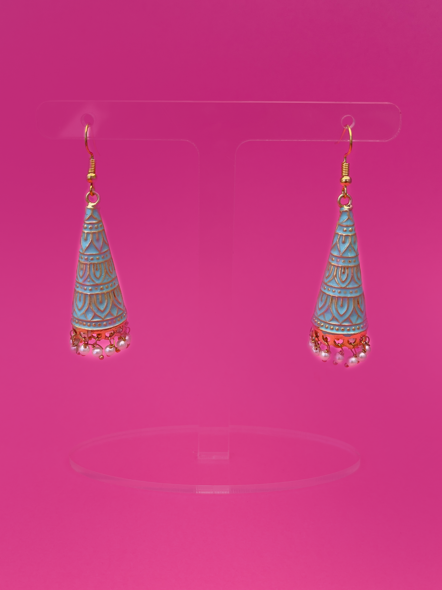 Aqua Blue Cone-Shaped Meenakari Jhoomka with Hook