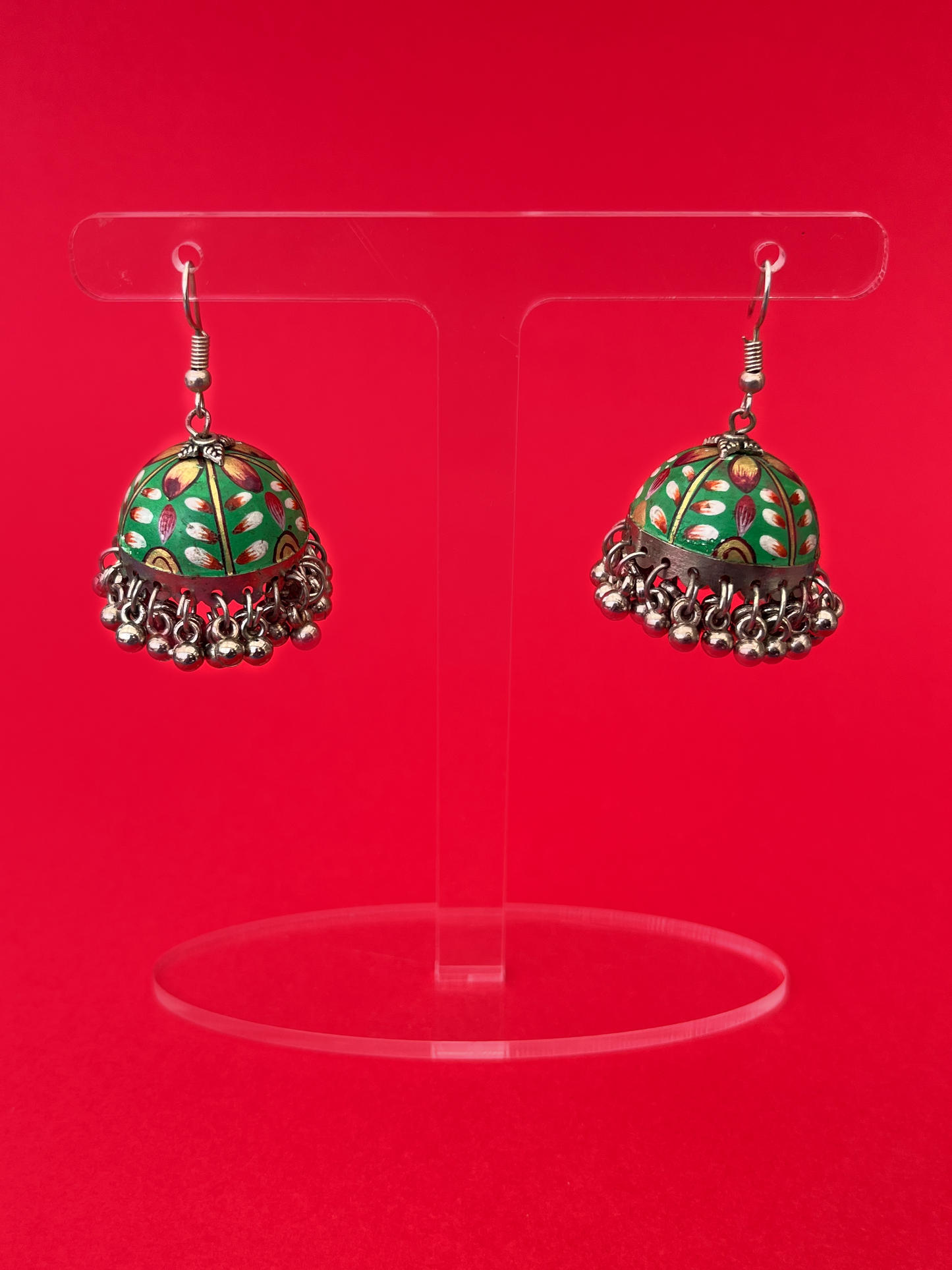 Green and White Hand-Painted Silver-Plated Jhoomka with Hook