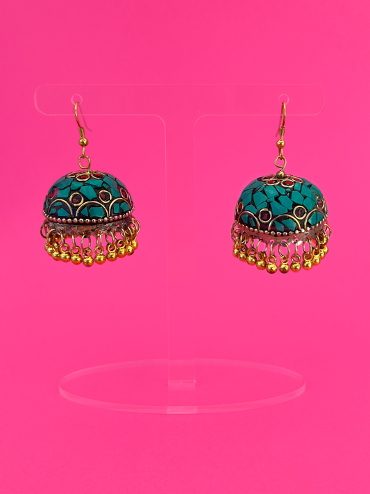 Turquoise Stone Gold-Plated Meenakari Jhoomka