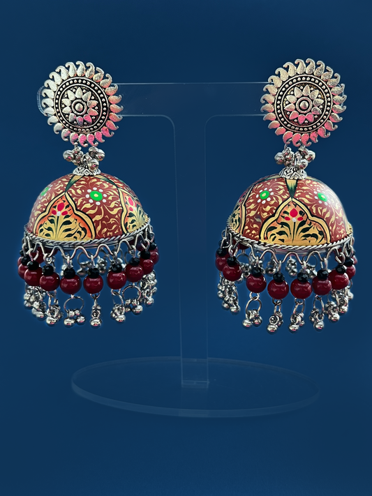 Brick Red and Gold Hand-Painted Jhoomka with Red Beads