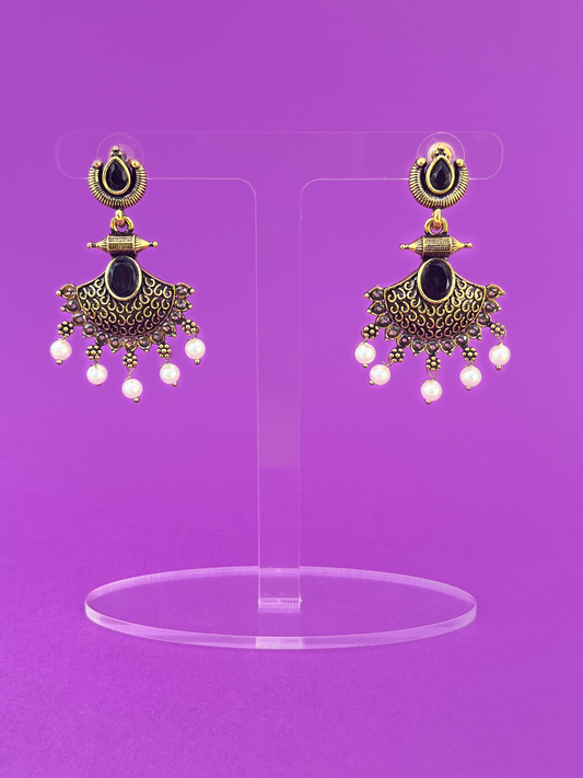 Gold-Plated Dangling Earring with Black-Coloured Stones