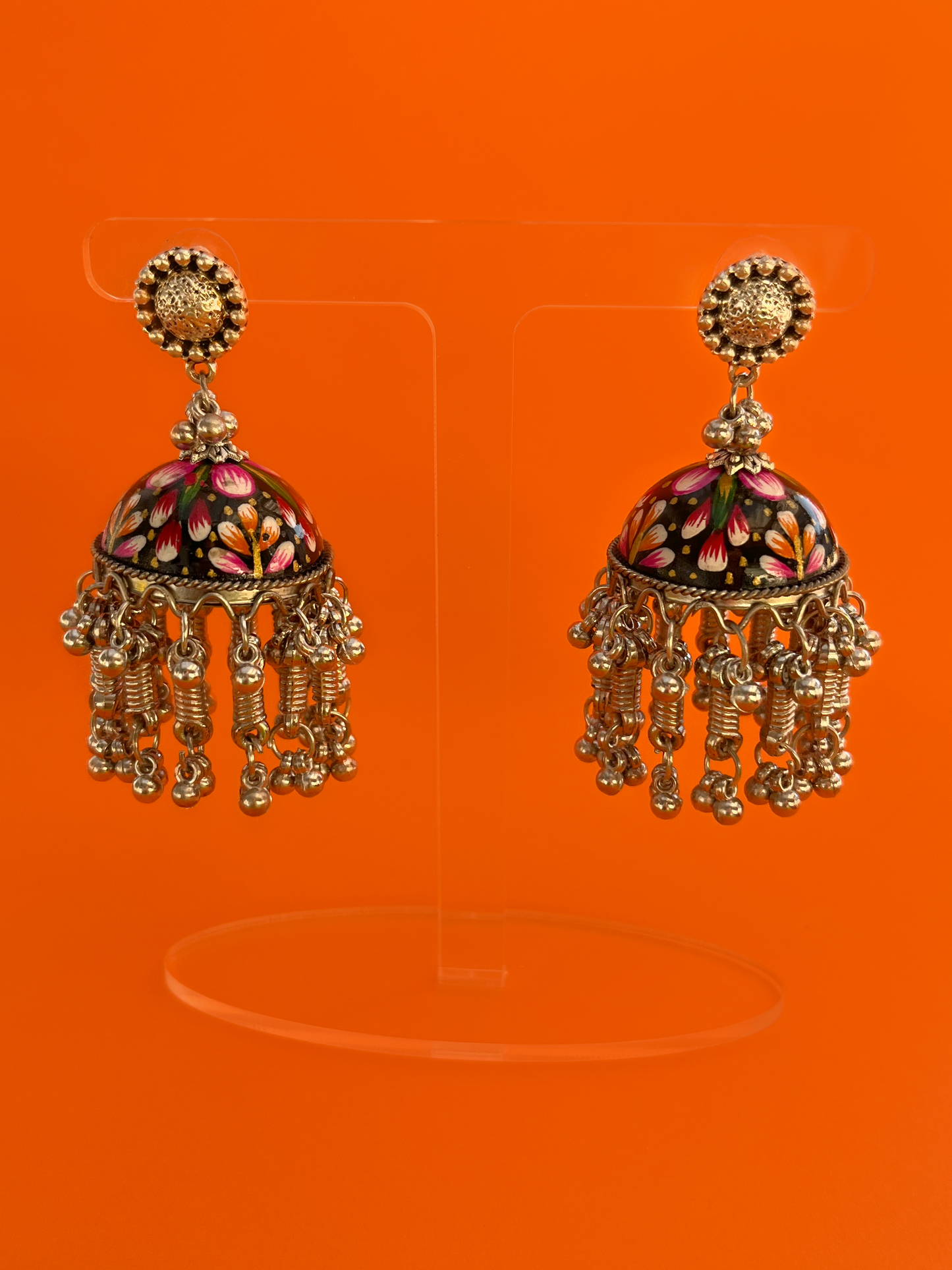Black Hand-Painted Flower Jhoomka with Assorted Beads