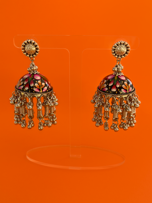 Black Hand-Painted Flower Jhoomka with Assorted Beads