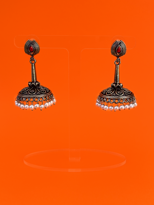 Silver-Plated Oxidised Long Jhoomka with Pink Stone