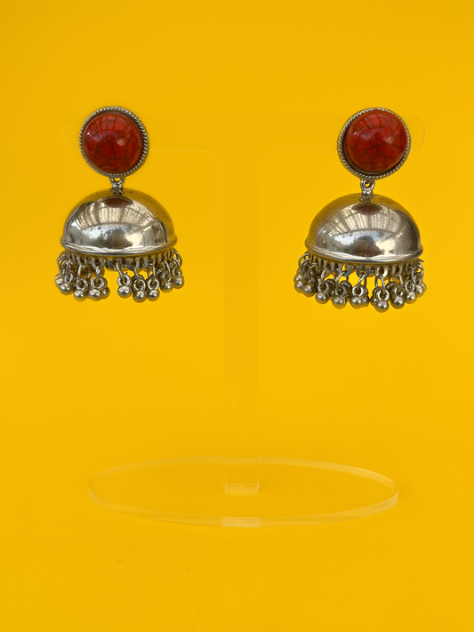 Dome-Style Silver-Plated Jhoomka with Red Stone