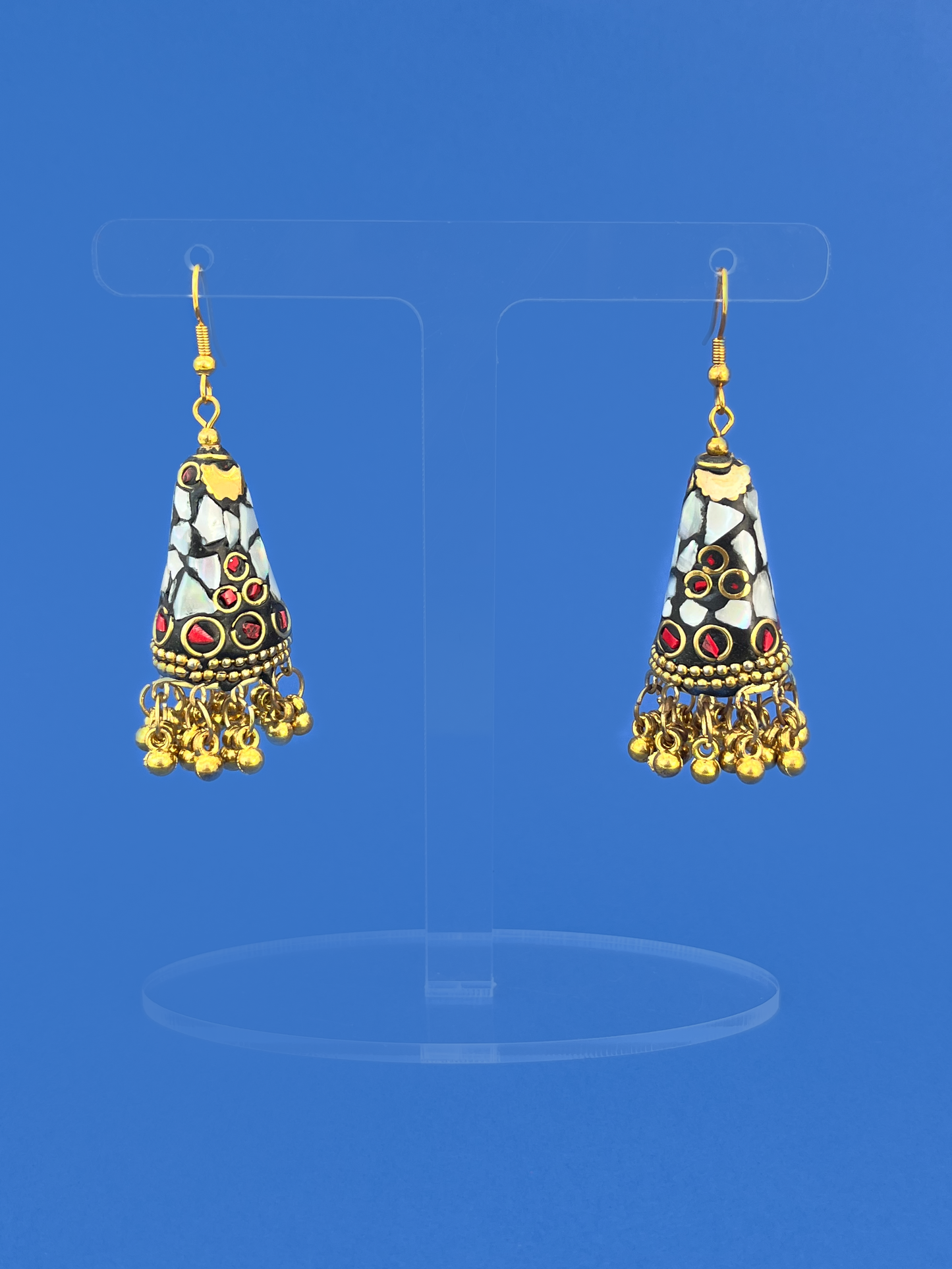 Mother of Pearl Stone Gold-Plated Meenakari Jhoomka with Gold Beads