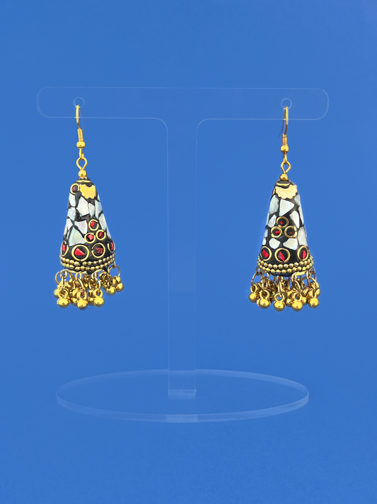 Mother of Pearl Stone Gold-Plated Meenakari Jhoomka with Gold Beads