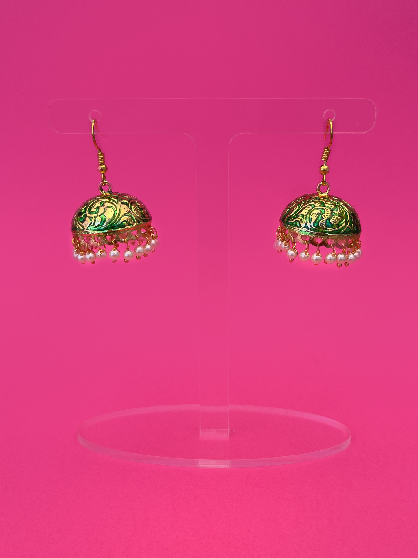 Green-Painted Gold-Plated Meenakari Jhoomka with White Beads and Hook