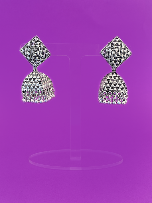 Silver-Plated Oxidised Square-Design Jhoomka