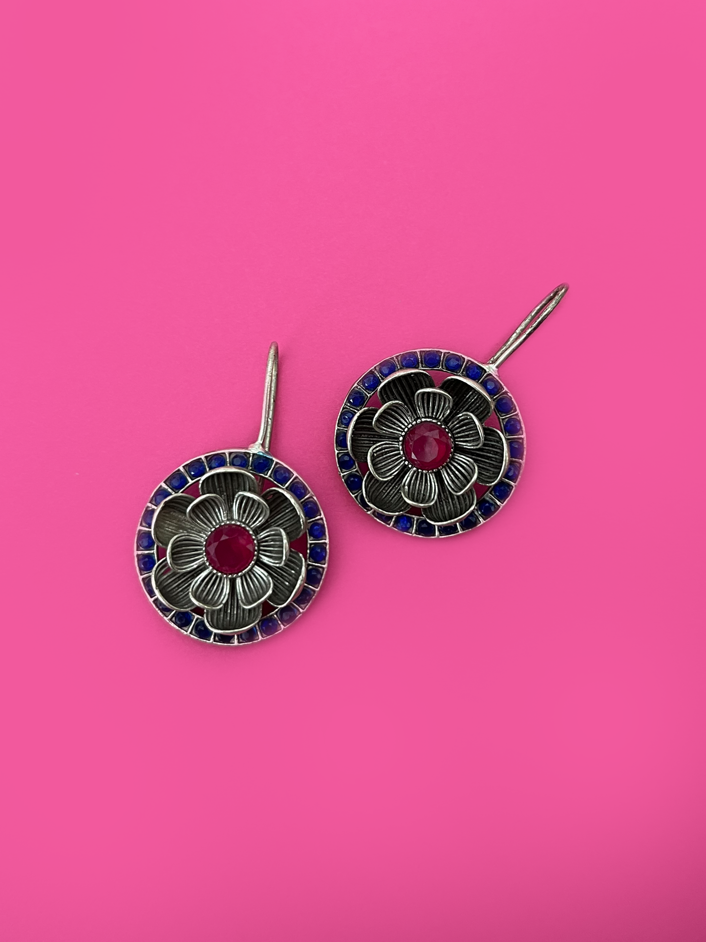 Flower-Shaped Silver-Plated Earrings with Imitation Stones