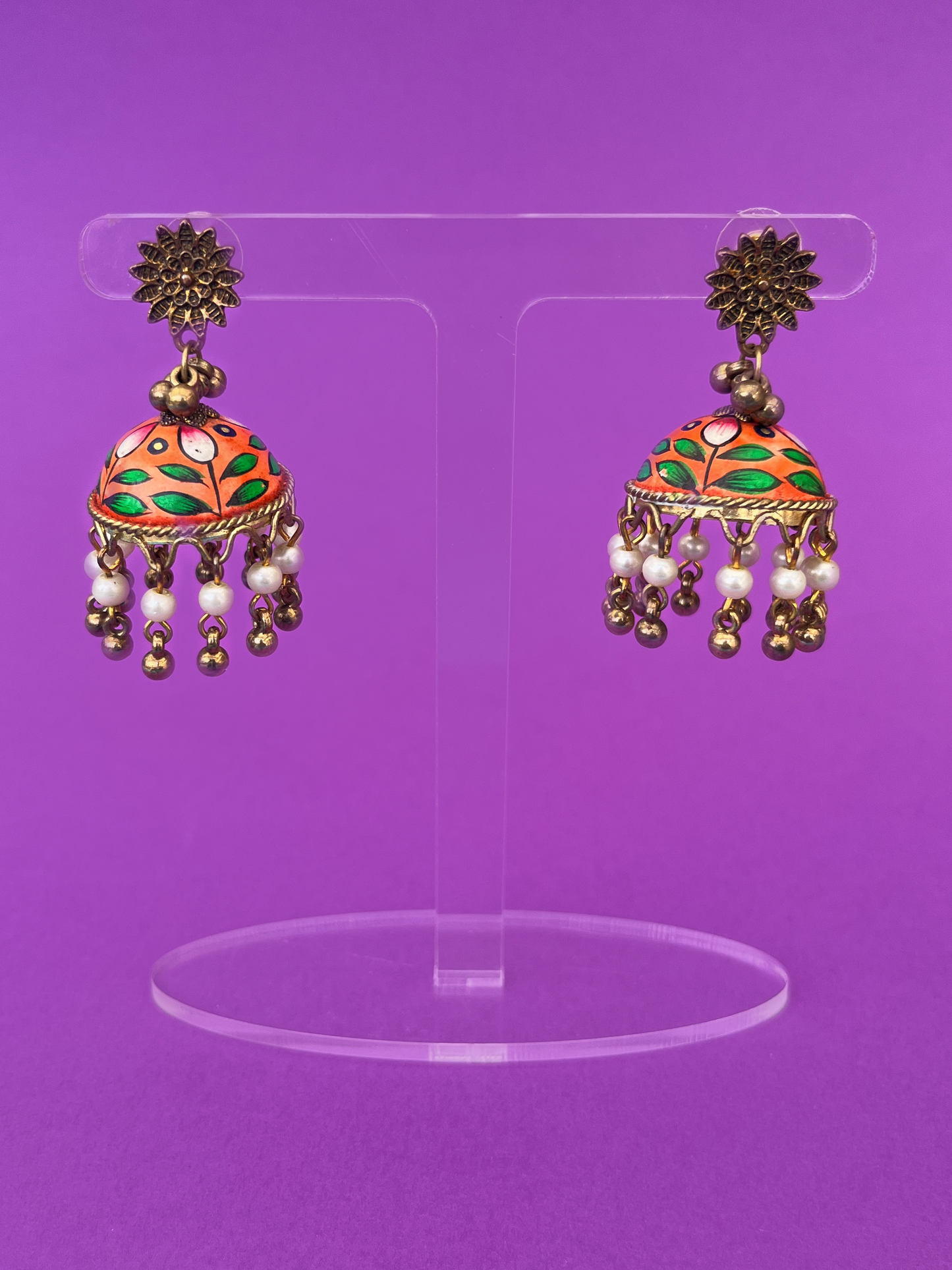Orange and Green Hand-Painted Gold-Plated Jhoomka with Flat Post