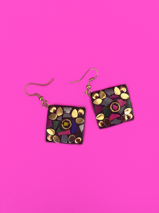 Square-Shaped Gold-Plated Dangling Earring with Muticoloured Stones