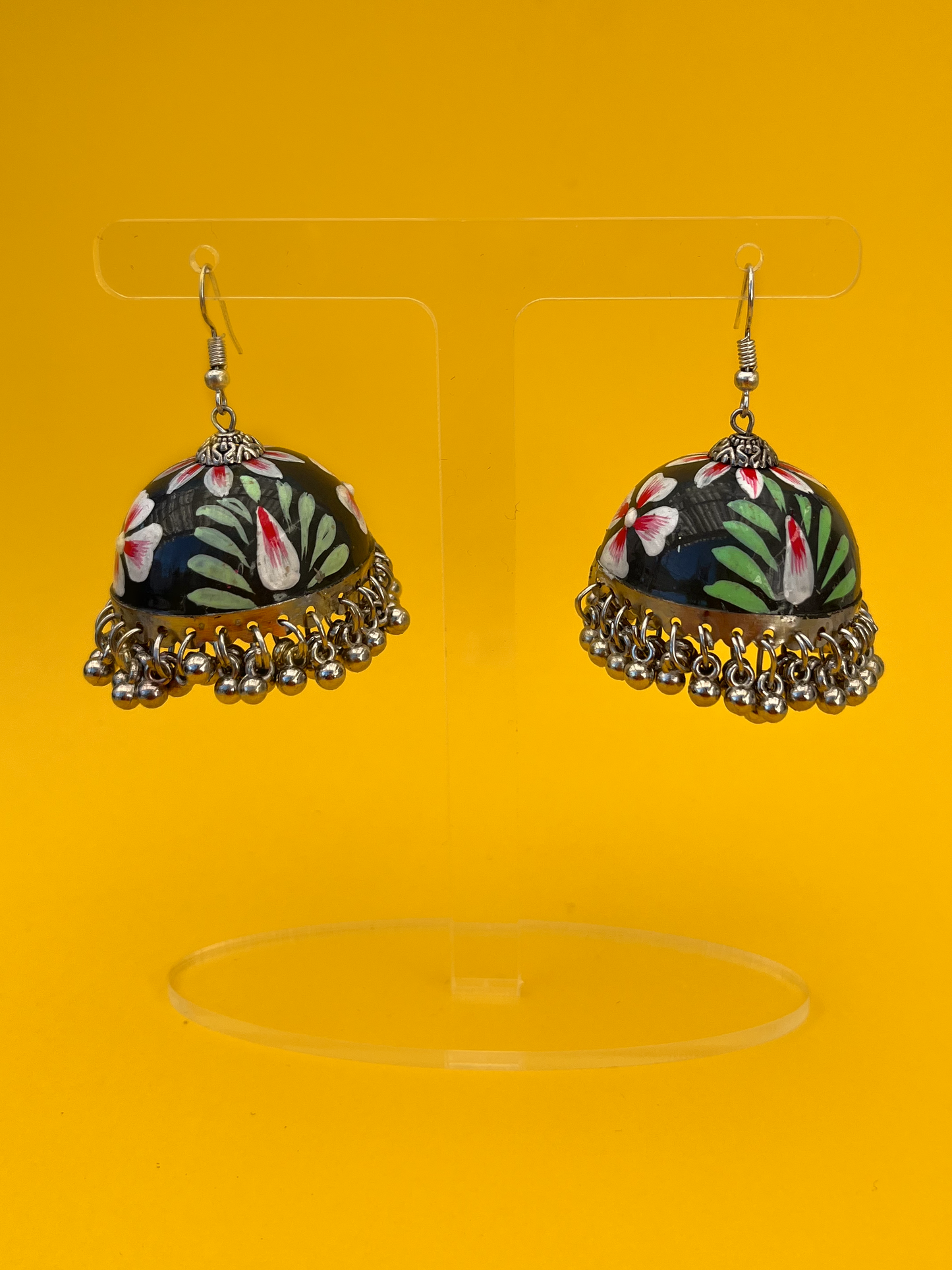 Dark Grey and White Hand-Painted Silver-Plated Jhoomka