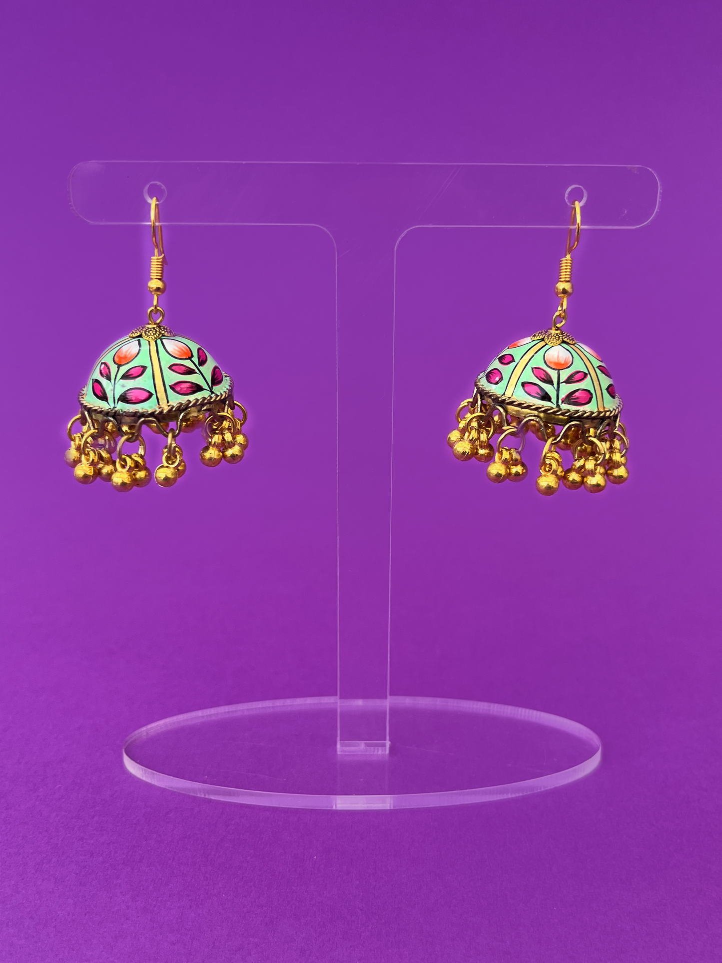 Aquamarine Green and Gold Hand-Painted Gold-Plated Jhoomka with Hook