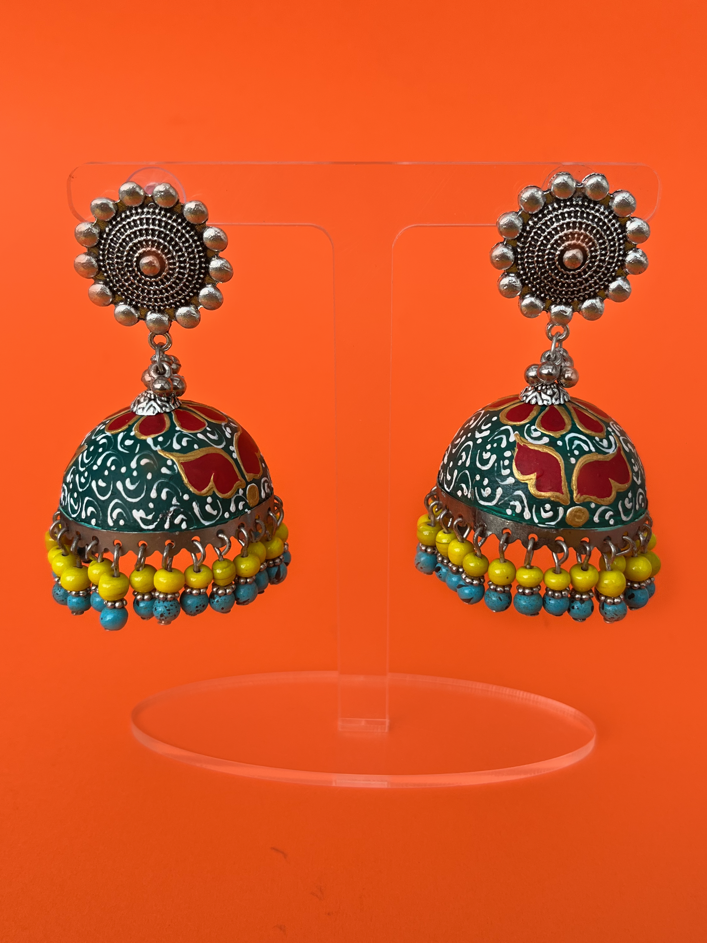 Dark Green and White Hand-Painted Jhoomka with Yellow and Blue Beads