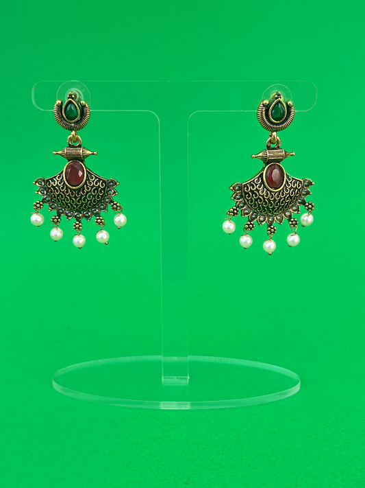 Gold-Plated Dangling Earring with Red Stones