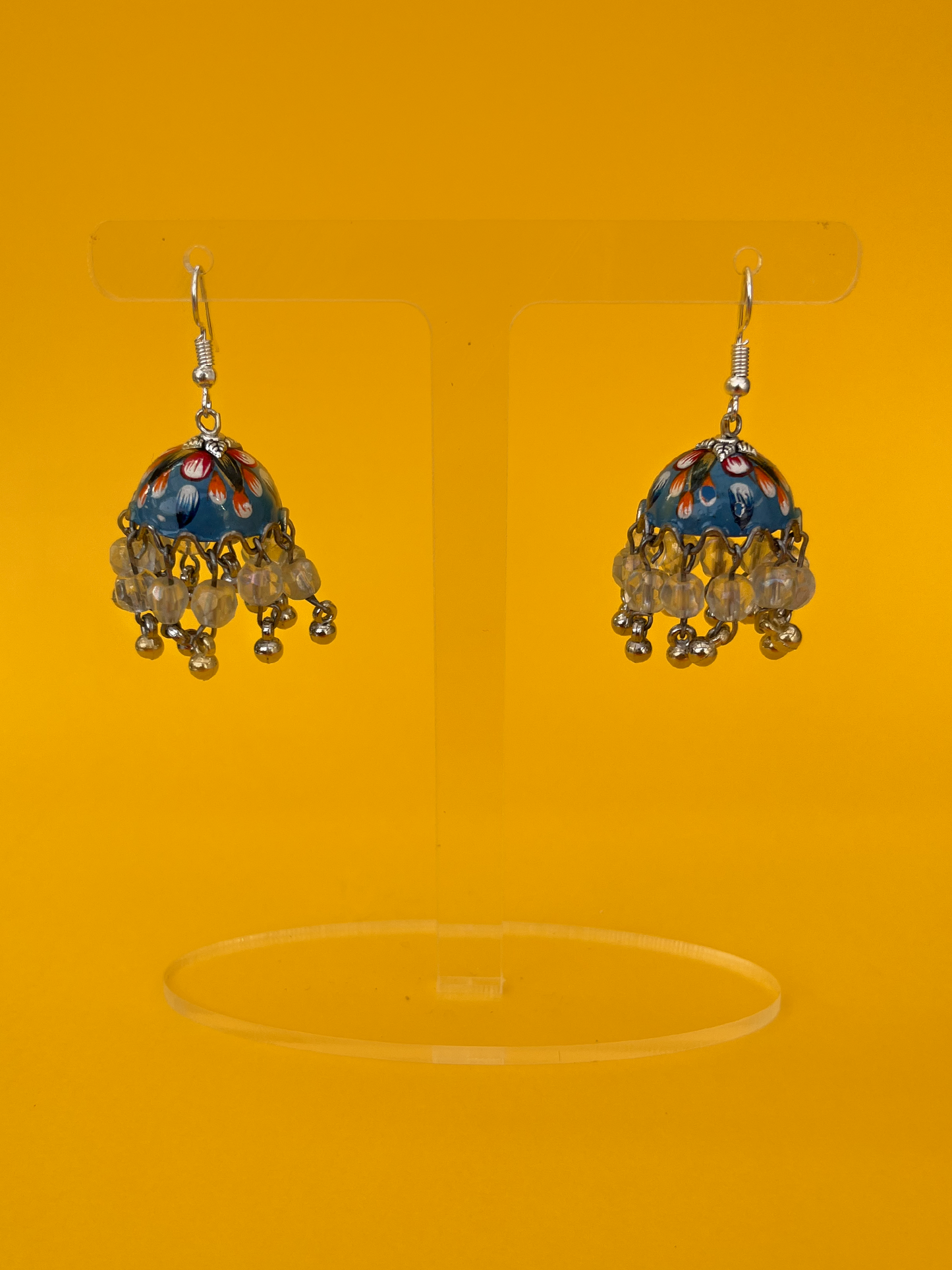 Mini Cobalt Blue and Orange Hand-Painted Silver-Plated Jhoomka with Hook (Clear Beads)