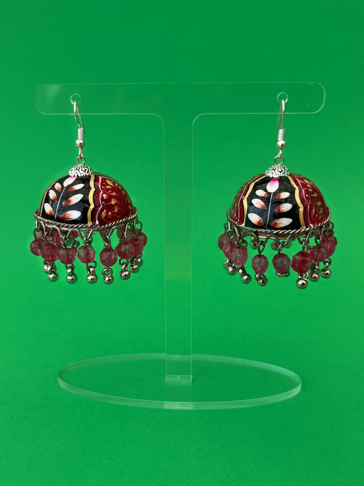 Burgundy Hand-Painted Silver-Plated Jhoomka with Hook and Pink Beads