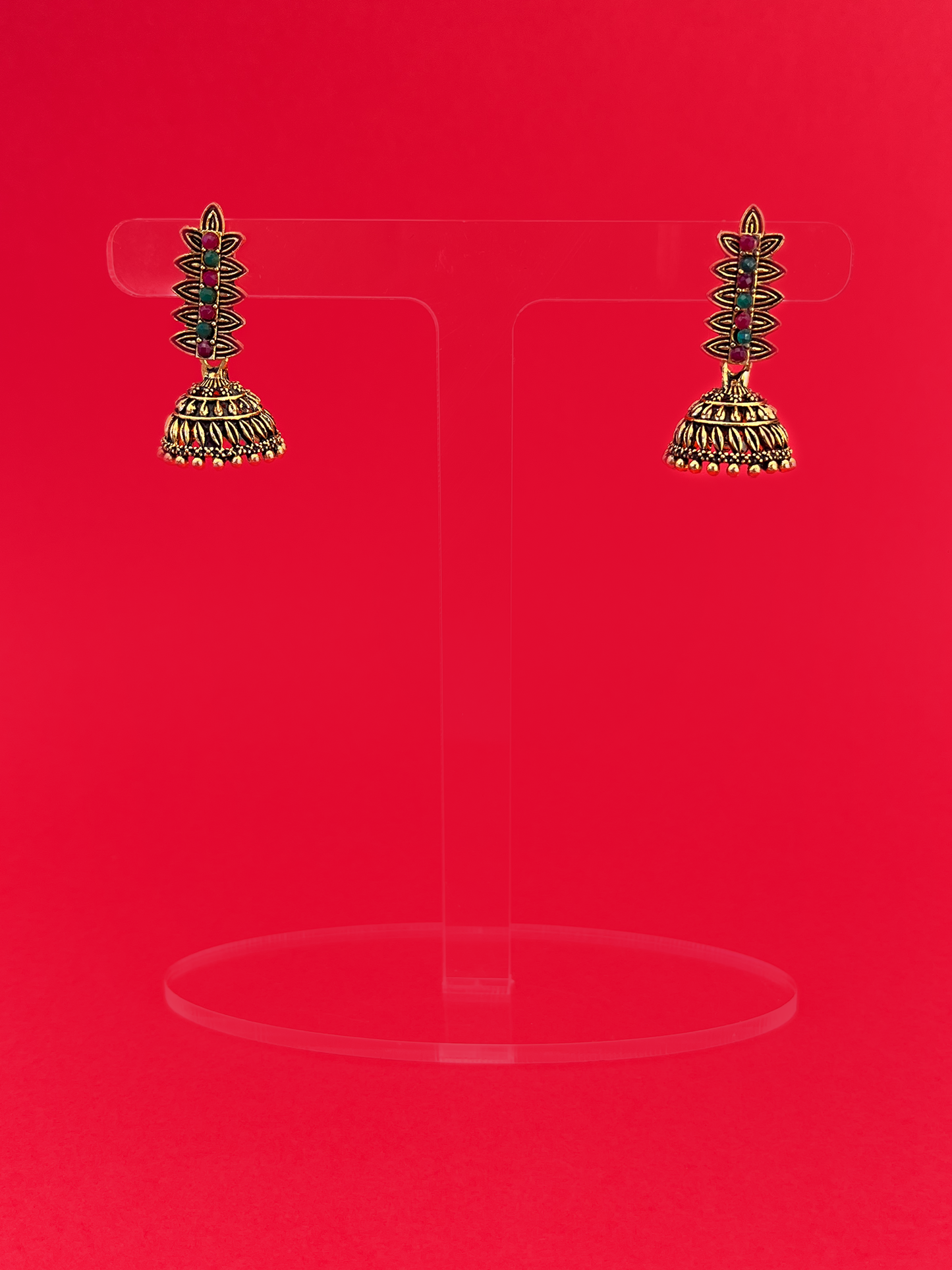 Mini Gold-Plated Oxidised Jhoomka with Multicoloured Stones