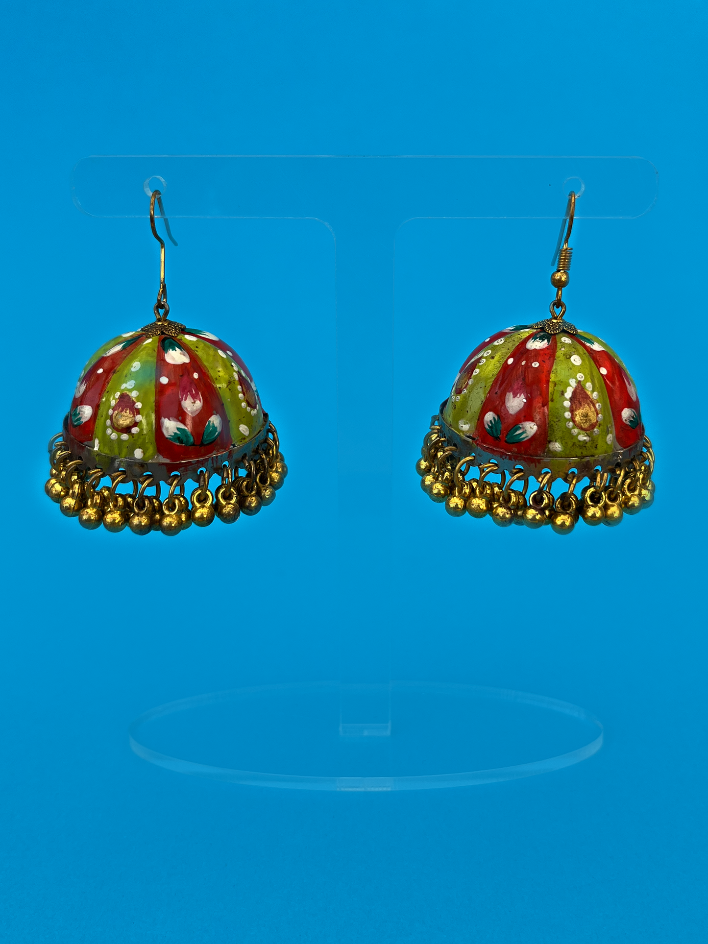 Lime Green and Orange Hand-Painted Gold-Plated Jhoomka