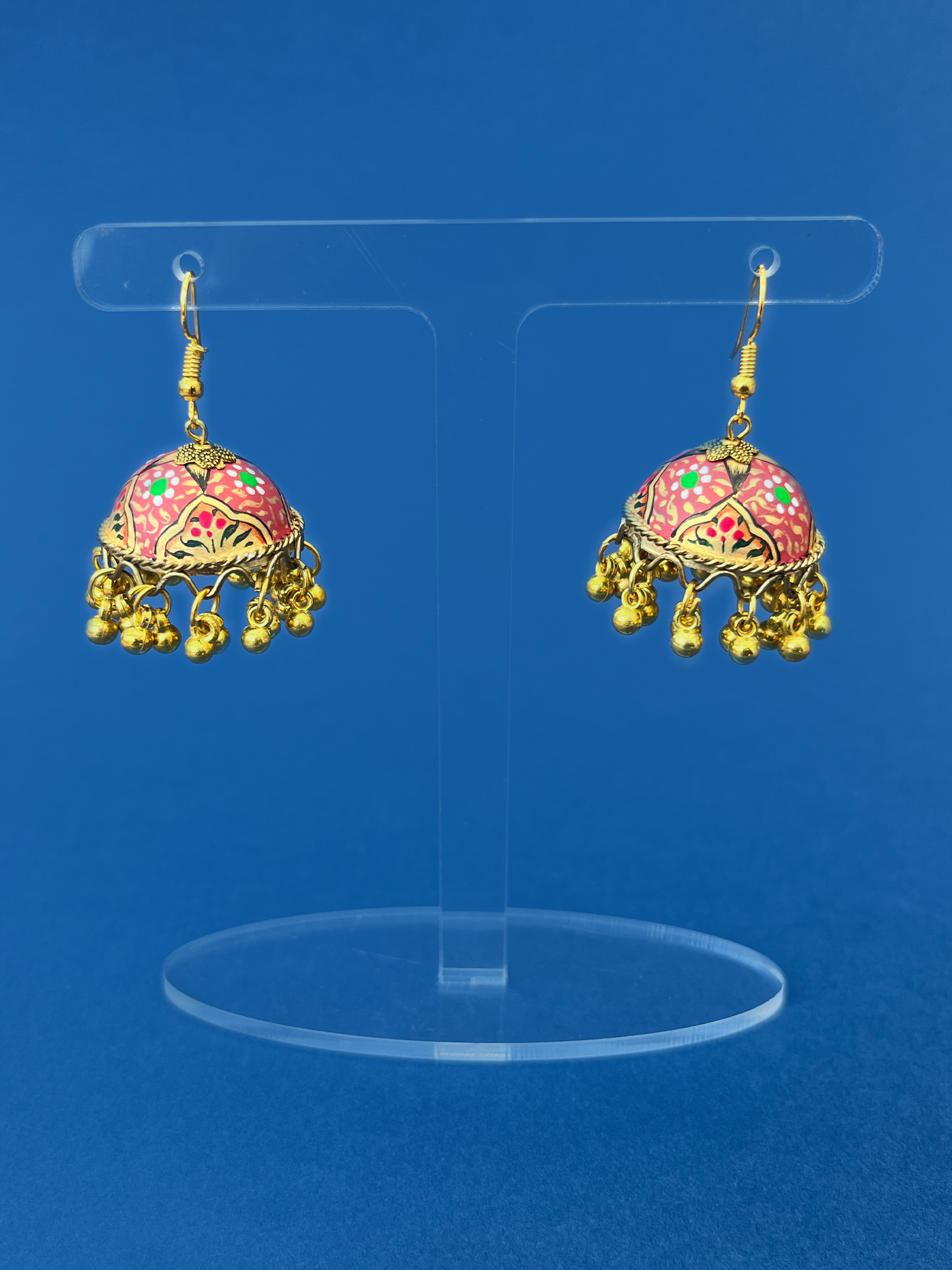 Rosewood Pink and Gold Hand-Painted Gold-Plated Jhoomka with Hook