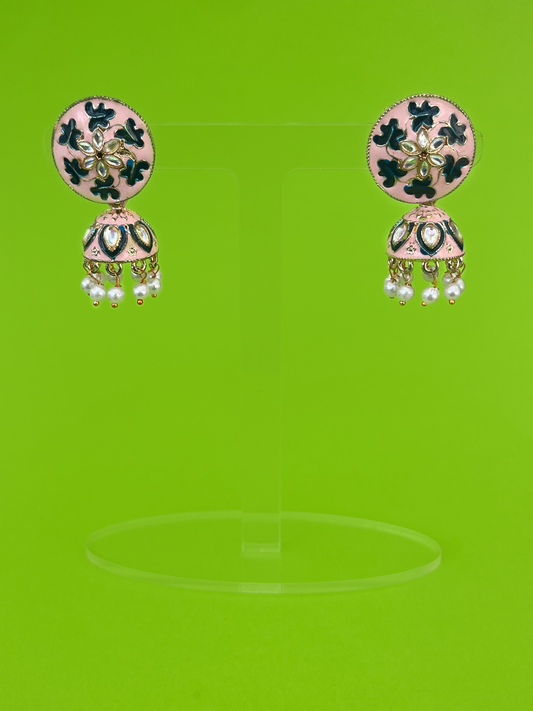 Light Pink Hand-Painted Gold-Plated Meenakari Jhoomka