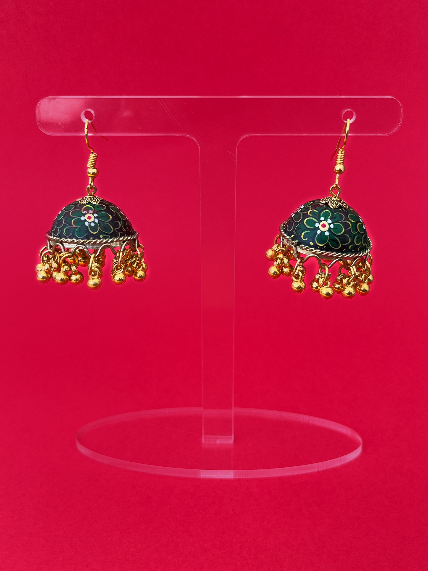 Black and Green Hand-Painted Gold-Plated Jhoomka with Hook