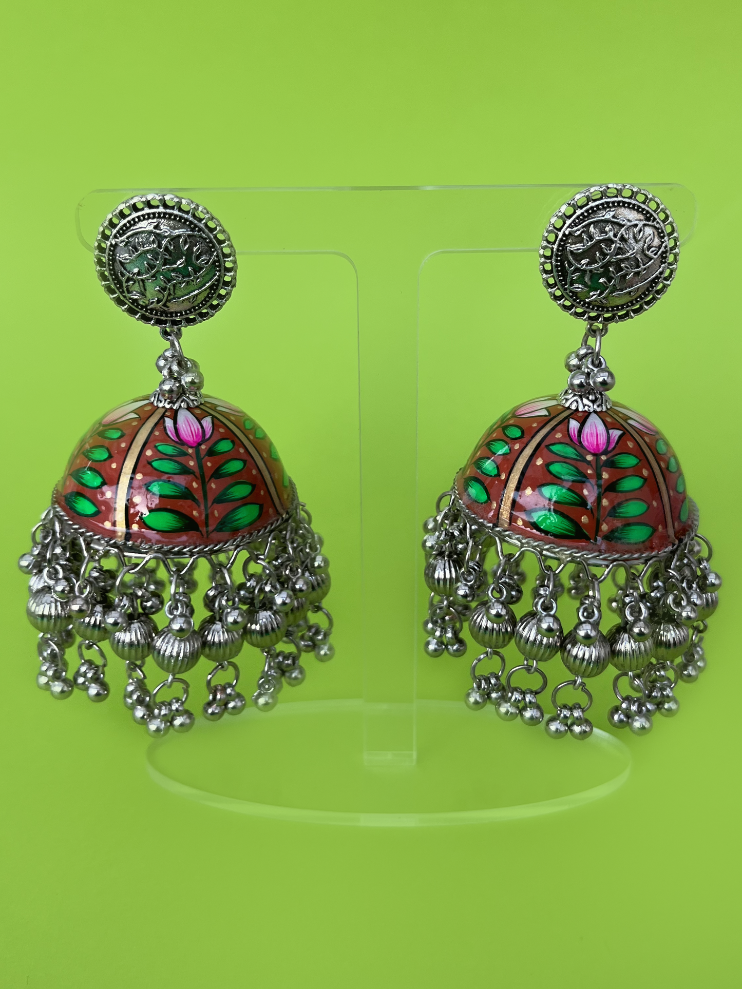 Brick Red and Green Hand-Painted Jhoomka with Silver Beads