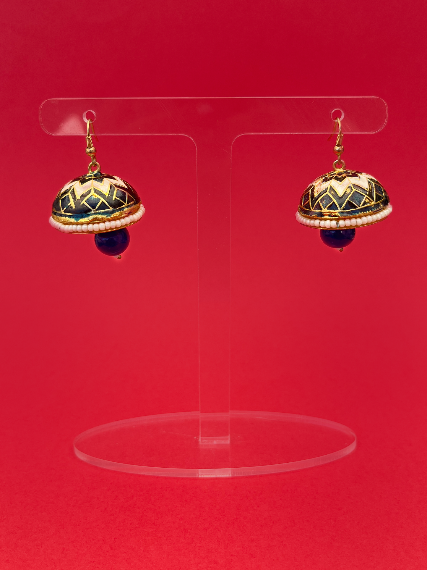 Dark Blue and White Meenakari Jhoomka with Blue Stone and Hook