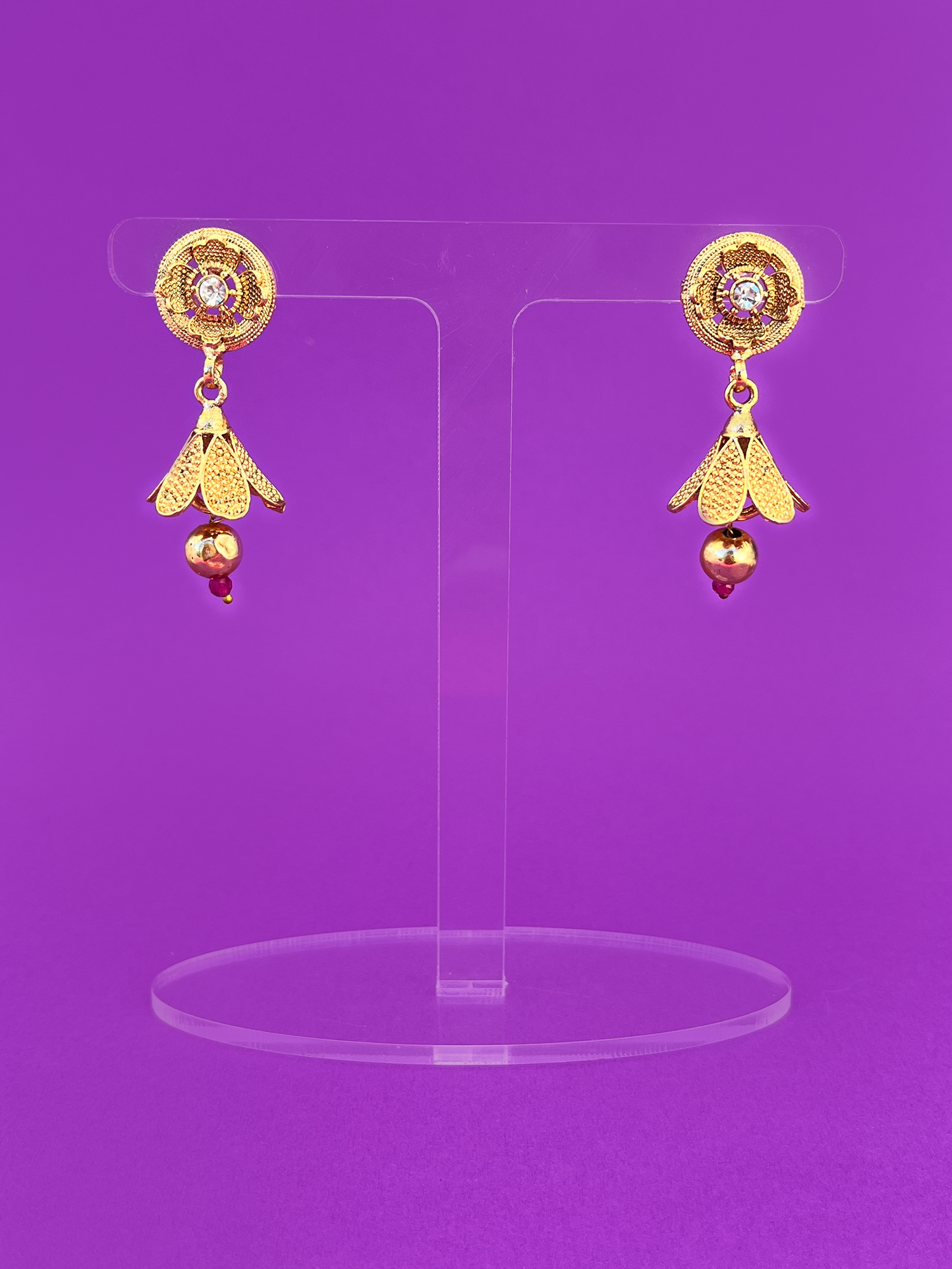 Gold-Plated Flower-Design Jhoomka with Pink Stones