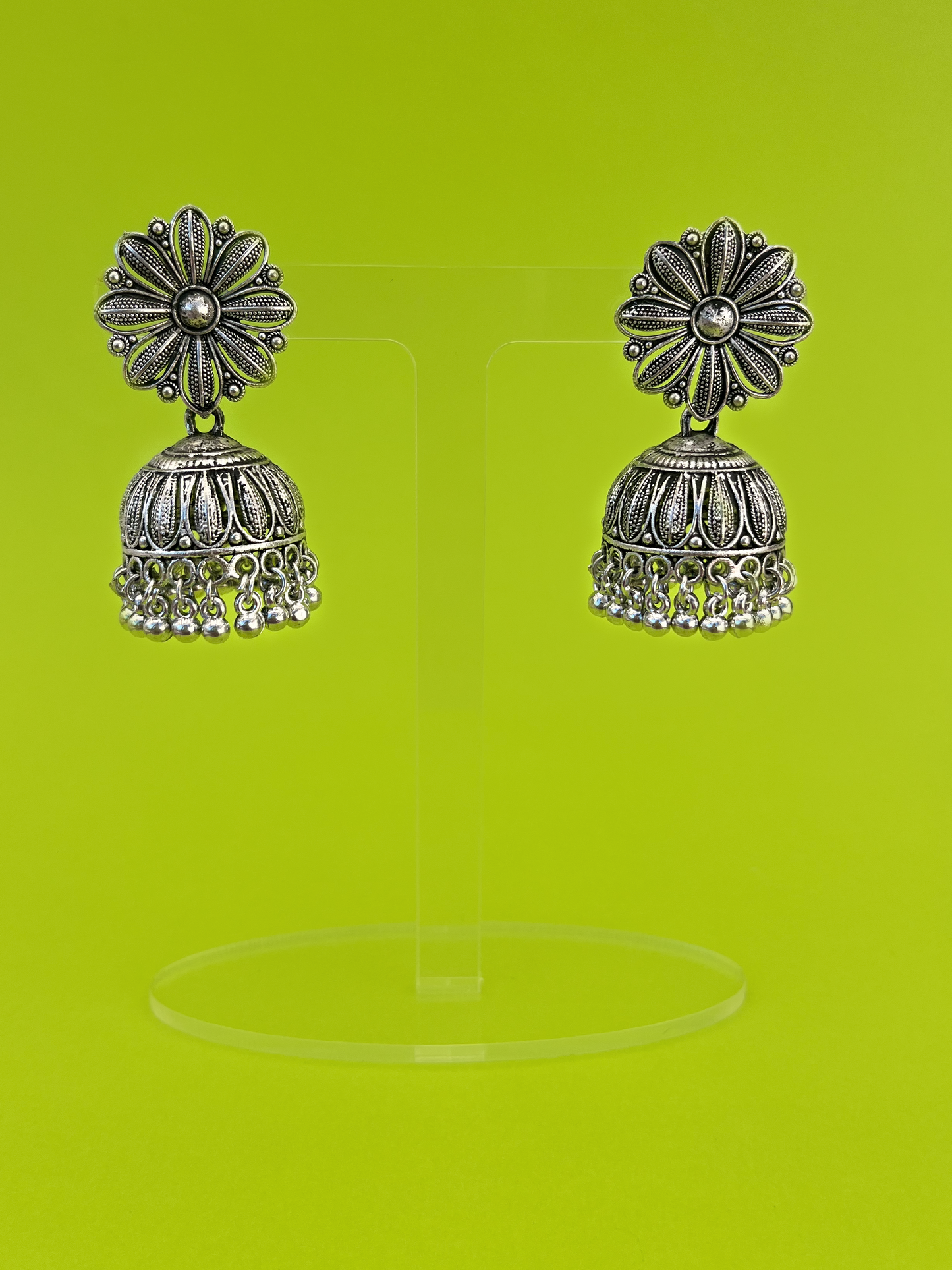 Silver-Plated Flower-Design Jhoomka with Stem