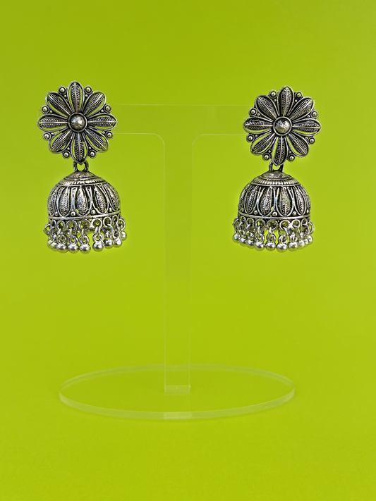 Silver-Plated Flower-Design Jhoomka with Stem