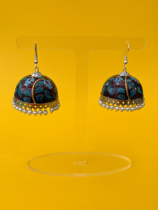 Maroon and Blue Hand-Painted Silver-Plated Jhoomka with Hook and Pearls