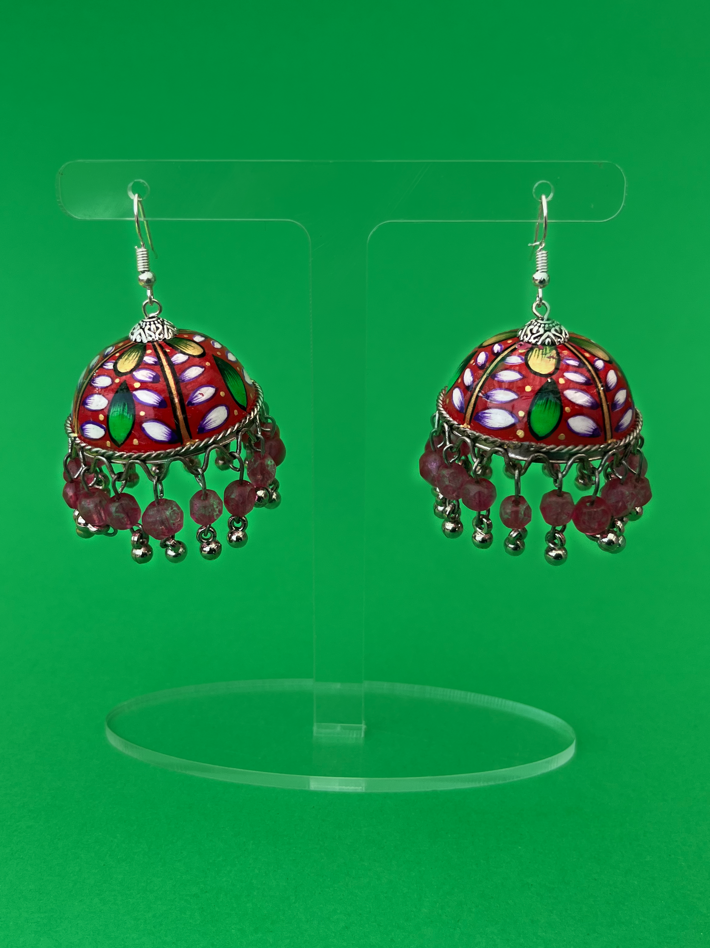 Ruby Red Hand-Painted Silver-Plated Jhoomka with Hook and Pink Beads