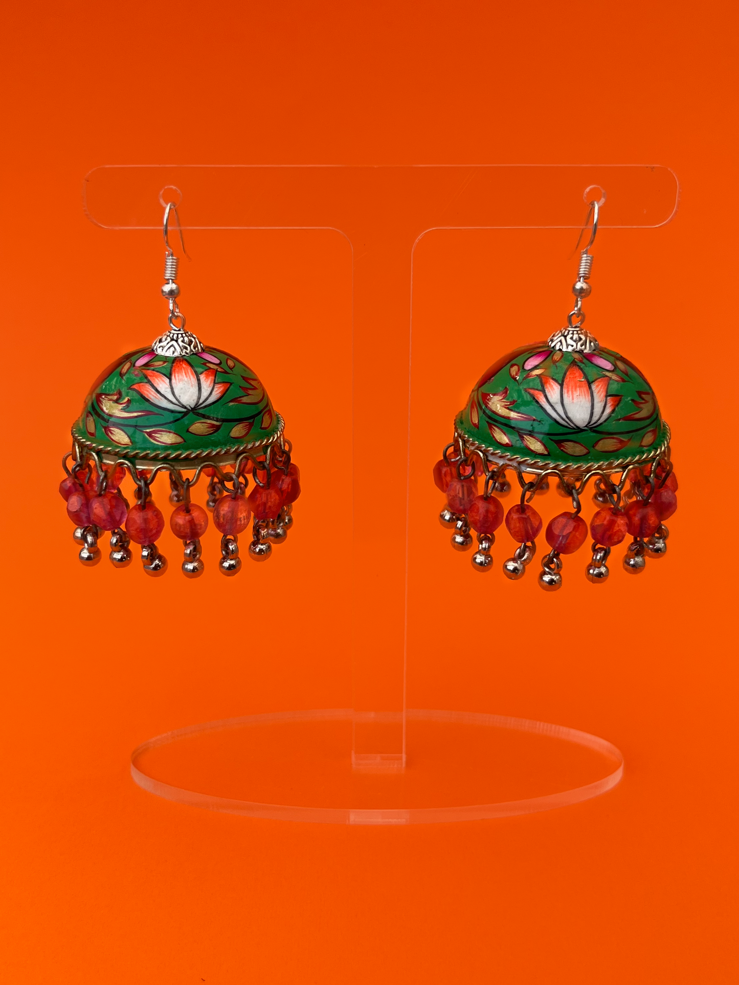 Green Hand-Painted Silver-Plated Jhoomka with Hook and Pink Beads